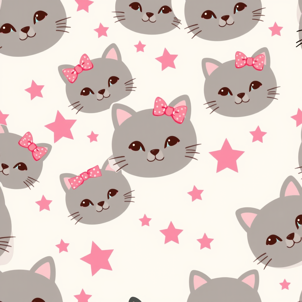 Create a seamless pattern featuring cute cartoon cat faces with pink bows on a light background interspersed with pink stars