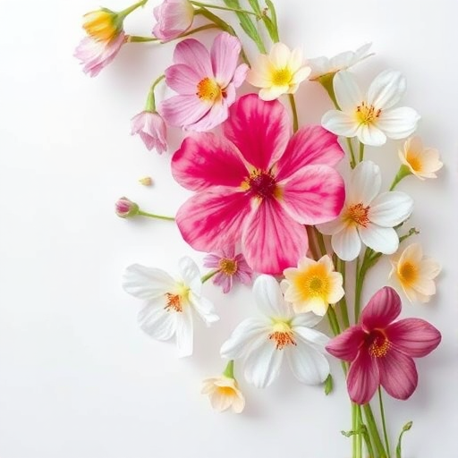 Create an illustration of various flowers arranged vertically, with a focus on delicate details and vibrant colors, using a high-resolution digital art style, soft natural lighting, 50mm lens, f/2.8 aperture for a shallow depth of field, and a clean white background to enhance contrast and clarity.