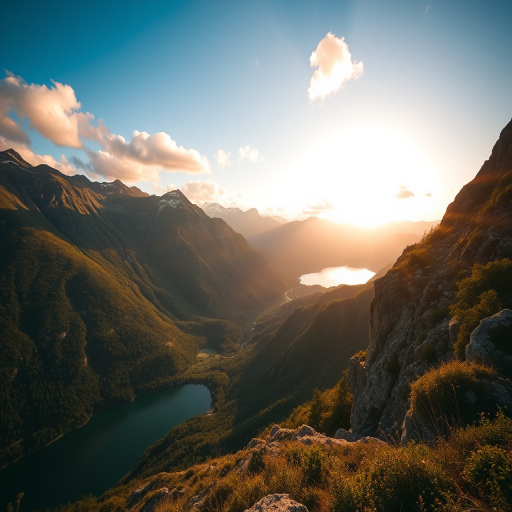 Capture a breathtaking view of a mountainous landscape during golden hour with a wide-angle lens, aperture set to f/8 for depth of field, ISO at 100 for sharpness, and a shutter speed of 1/125 sec to maintain clarity, emphasizing the lush green valleys and serene lake below, while enhancing the blue sky dotted with soft clouds.