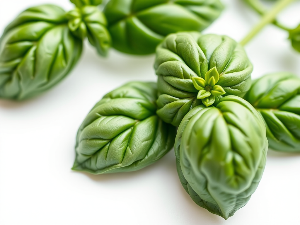 high-quality close-up photograph of fresh basil leaves on a white background, macro lens, aperture f/2.8, ISO 100, 1/200s shutter speed, natural lighting, DSLR camera