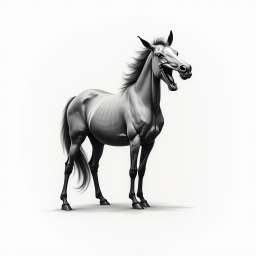Abstract black and white acrylic portrait of an over exaggerated laughing (horse). Minimalism style. White background.