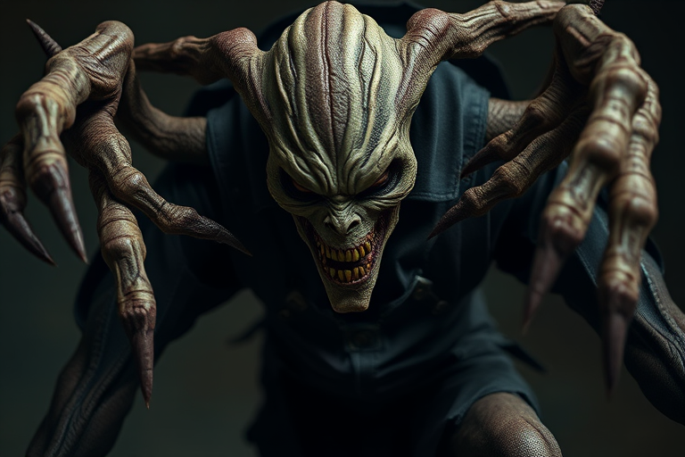 Create a highly detailed and realistic image of a threatening, supernatural creature with elongated limbs and an eerie expression, designed with intricate textures for the clothing and skin, captured in a low-angle view with a Canon EOS 5D Mark IV, using a 50mm f/1.8 lens, aperture set to f/2.8, ISO 100, and a shutter speed of 1/200 sec for enhanced clarity and depth of field.