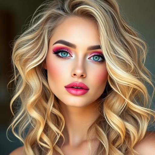 Create an illustrated portrait of a woman with long, curly blonde hair and bright, colorful makeup, using a Canon EOS R5 camera, 85mm lens, f/1.8 aperture, ISO 100, in soft natural lighting for enhanced vividness and detail.