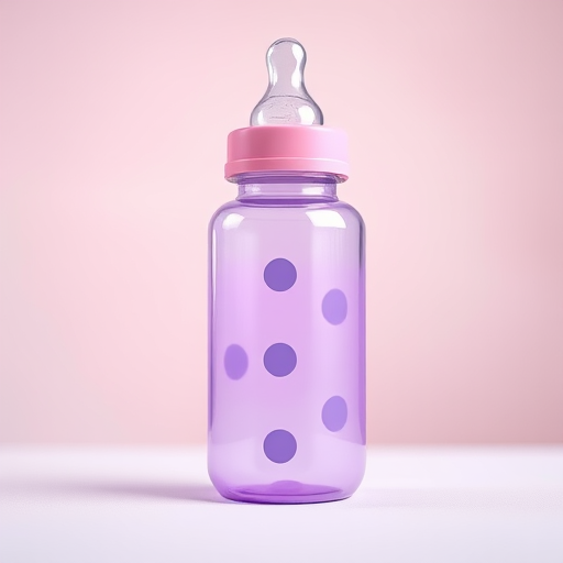 Create a high-resolution vector illustration of a purple baby bottle with grey circles and a pink cap, using a DSLR camera at f/2.8, ISO 100, 50mm lens, with a soft-focus background for a clear and colorful foreground.
