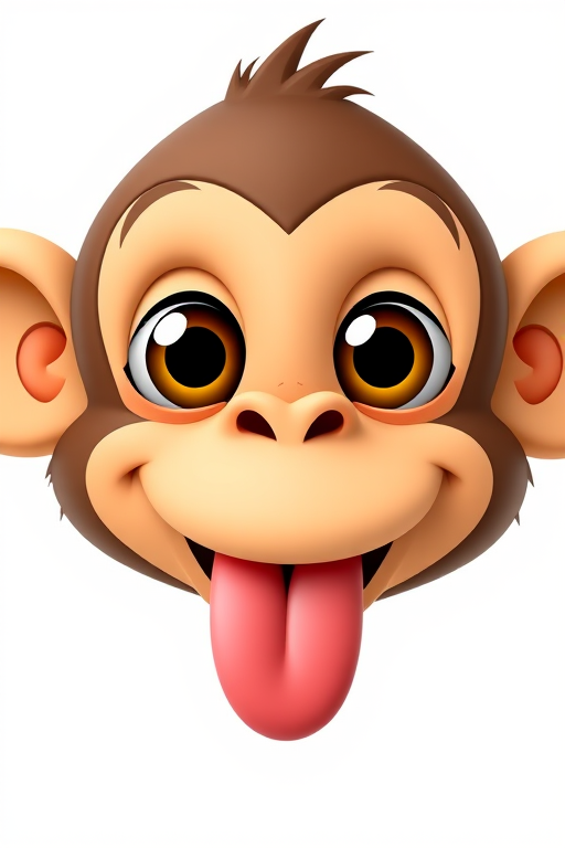 Create a cute cartoon monkey face with large expressive eyes and a playful tongue sticking out, use a Canon EOS 5D Mark IV with a 50mm f/1.8 lens, aperture set to f/2.8, ISO 100, and capture in a bright, cheerful color palette, centered on a simple white background.