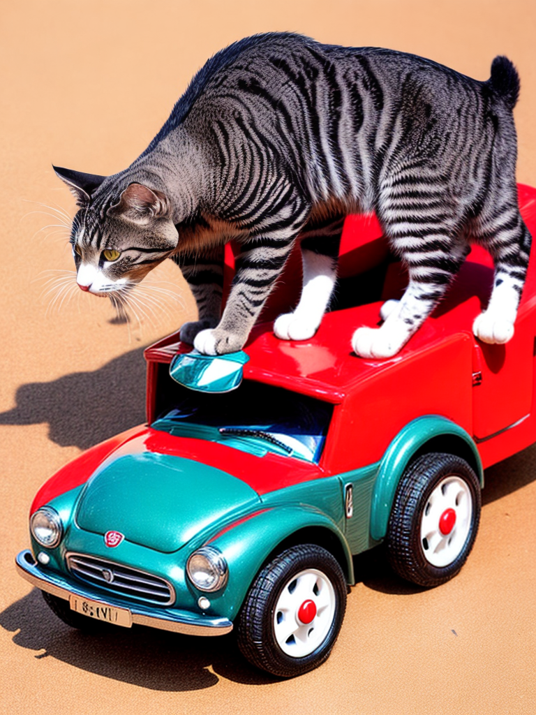 cat driving a red toy car