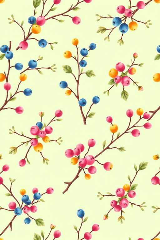Create a seamless pattern featuring various colorful branches with berries in shades of blue, green, pink, and yellow on a light green background, captured with a DSLR camera at f/8 aperture, ISO 100, 50mm lens, in natural light for enhanced vibrancy and detail.