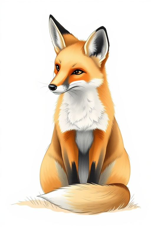Create a detailed illustration of a sitting fox in a serene pose with soft lines and shading, using a DSLR camera type with a 50mm lens, aperture set to f/2.8 for a shallow depth of field, ISO 200 to reduce noise, and a soft-focused background to enhance the fox's features.