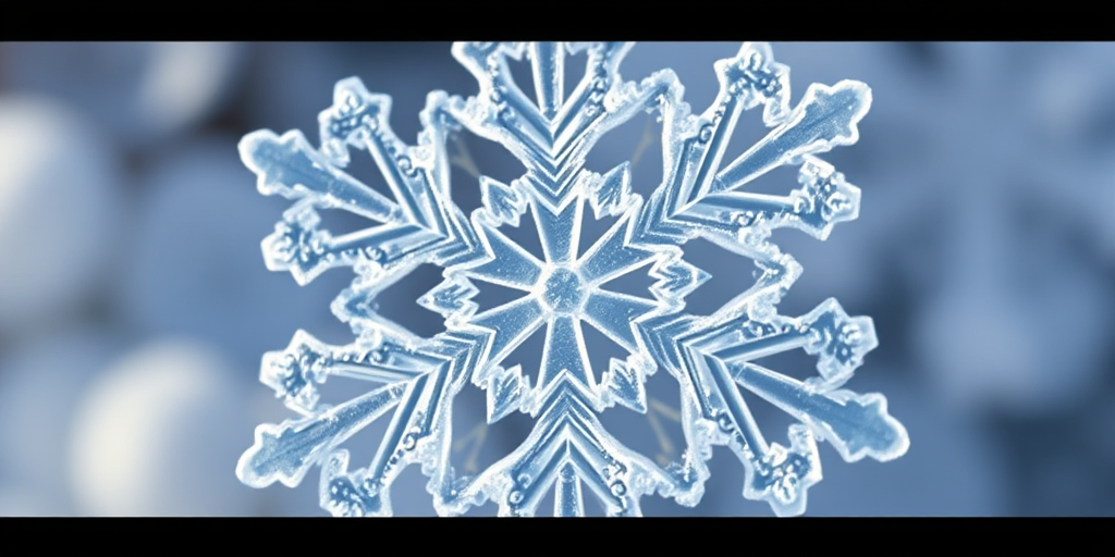 Create a detailed, high-resolution image of an intricate snowflake with symmetrical patterns, using a DSLR camera at f/8 aperture, 50mm lens, ISO 100, shot from a close-up view with soft natural lighting to highlight texture and details.