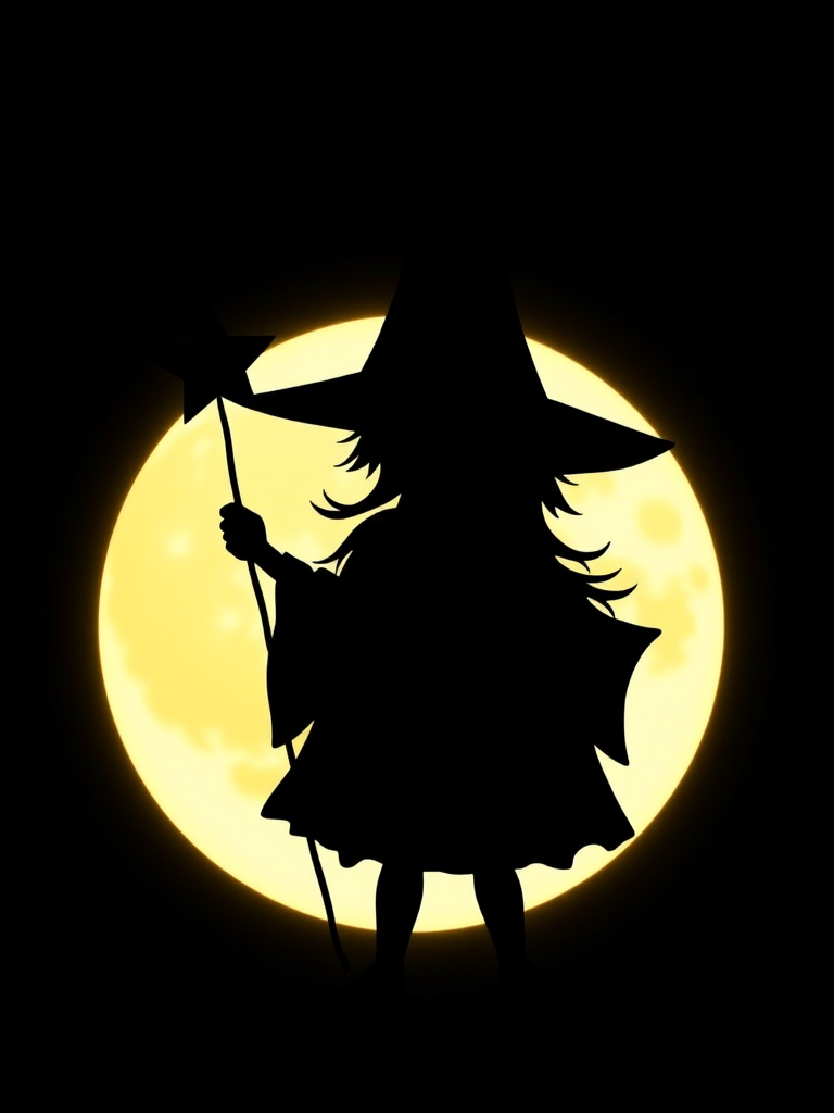 Create a silhouette of a whimsical figure wearing a pointed hat, holding a star wand, set against a bright circular background that resembles a glowing moon. The figure should have a playful and enchanting vibe, emphasizing a sense of magic and wonder.