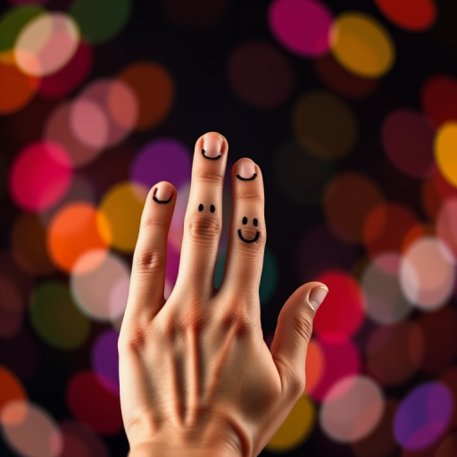 Create an image of a hand with smiley faces drawn on the fingers, set against a colorful bokeh background with bright circles of various sizes and colors; use a Canon EOS R5 camera, 50mm lens, aperture f/1.8, shutter speed 1/200s, ISO 100, with a shallow depth of field for a soft background effect.
