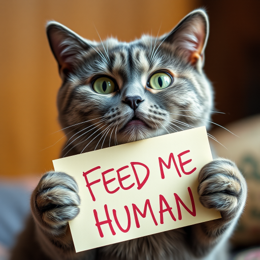 cat holding a note which says "FEED ME HUMAN"