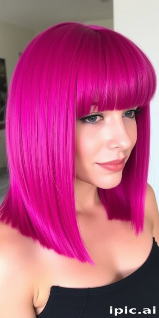 Vibrant magenta hair forms the base of the bold "Electric Orchid" style. The shoulder-length cut features blunt ends and a full, side-swept fringe. The hair is styled straight and sleek, with a high-shine finish that makes the color pop. Subtle violet undertones add depth and dimension to this striking, confident look.