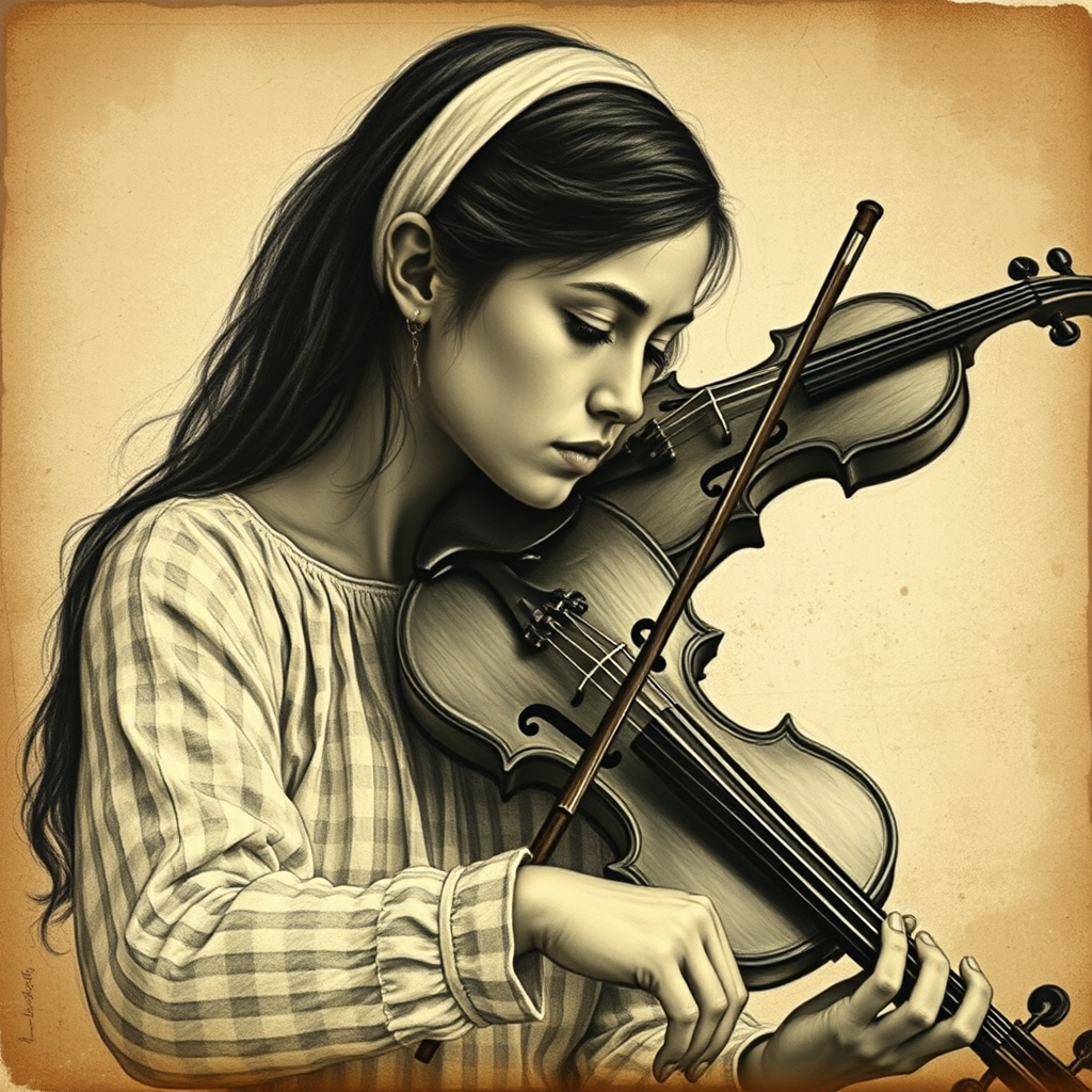 a young Mizrahi woman with a white headband playing a violin, in the style of a charcoal drawing, sepia grunge background