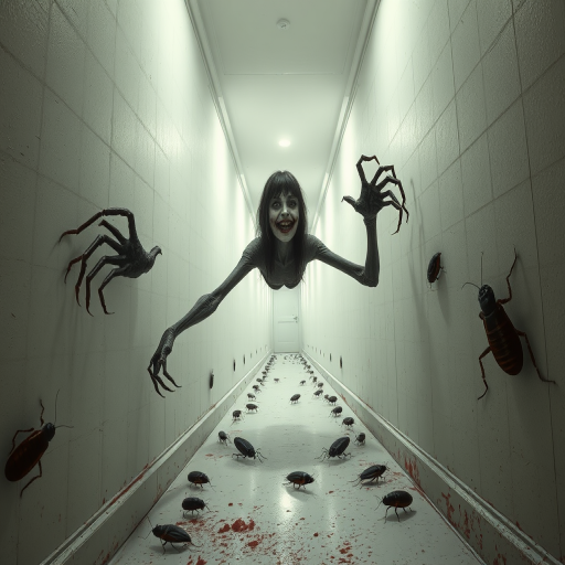 a crooked female with long arms and a creepy smile is crawling along a long white corridor and you can also see cockroaches in it there is a creepy atmosphere creepy art style