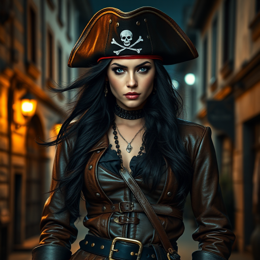 Create a portrait of a fierce female pirate. She wears a leather tricorn hat adorned with a skull and crossbones emblem, and her long, dark hair flows around her face. Her outfit consists of a richly detailed leather jacket, a corset, and multiple layers of belts and accessories, giving her a formidable and stylish appearance. She stands confidently in a dimly lit, historic port town, with a backdrop of weathered buildings and cobblestone streets, capturing the adventurous spirit of a pirate.