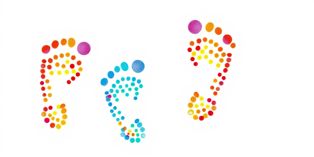 Generate an image of colorful, playful footprints made of vibrant dots on a white background, using a DSLR camera with a 50mm lens, aperture set to f/2.8, ISO 100, and a shallow depth of field for a crisp focus effect.