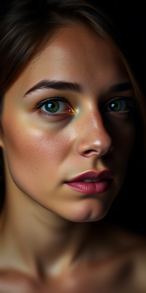 Create a high-contrast portrait of a person with prominent eyes, using a DSLR camera with a 50mm lens at f/1.8, ISO 100, shutter speed 1/200s, captured in soft diffused lighting from the side, emphasizing the facial features against a dark background.