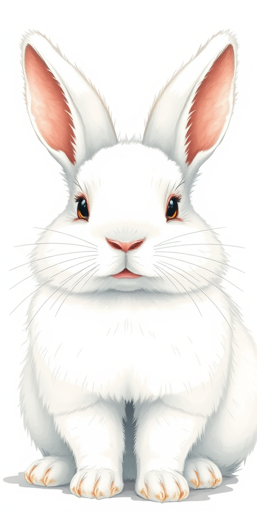 Create a detailed illustration of a fluffy white rabbit sitting with a relaxed expression, using a Canon EOS R5 with a 50mm f/1.2 lens, aperture set to f/2.8, ISO 100, natural lighting, capturing a close-up view to emphasize texture and expression.