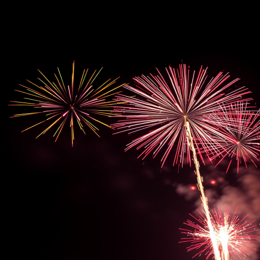 fireworks display in a night sky, vivid colors and sparkling effects, captured with a DSLR camera, 24mm lens, f/8 aperture, ISO 100, 1/125 second exposure, shot from a low angle to emphasize explosion heights and enhance image quality