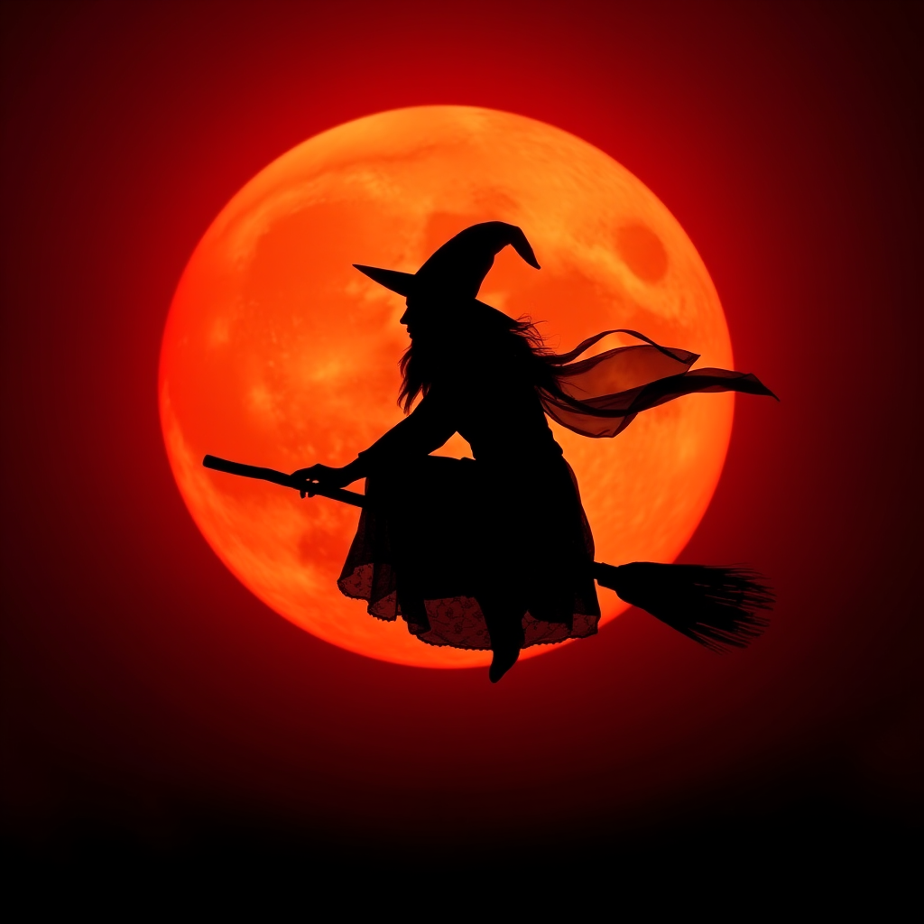 Double exposure, a silouette of a witch on a broomstick centered in the middle of an blood orange full moon.  Any suggestions on getting a good image of a witch on a broomstick centered in the middle of an blood orange full moon.  I tried different generators and changed the wording around.
