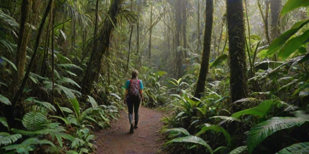 Dense tropical rainforest with sunlight filtering through thick canopy leaves, a woman dressed in hiking gear stops to admire the vibrant flowers growing along the path.