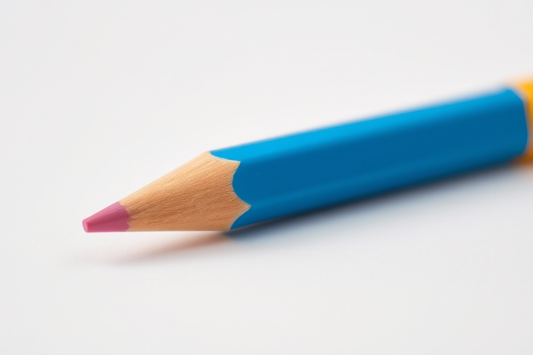 A blue pencil with a pink eraser and yellow band sitting on a white background, ultra high resolution, f/2.8 aperture, 50mm lens, soft natural lighting, macro photography.