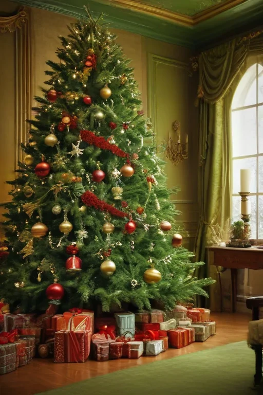 Festive Christmas Tree Adorned with Ornaments and Surrounded by Gifts