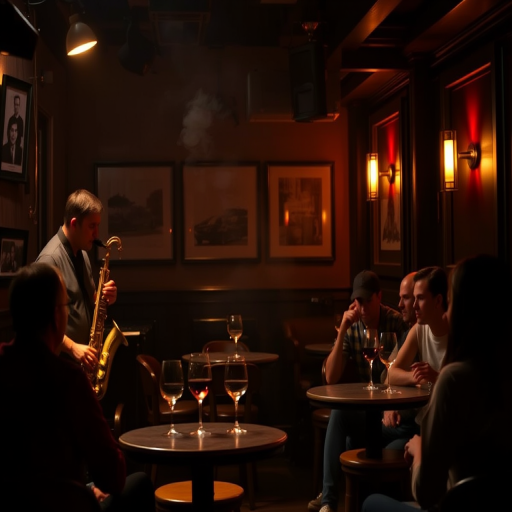 Low-light snapshot of a small jazz club, a saxophonist playing softly in the corner, dim lighting casting shadows on the stage, patrons sitting at small round tables with glasses of wine, soft clinking of glasses, a smoky haze hanging in the air, the soft hum of conversation.