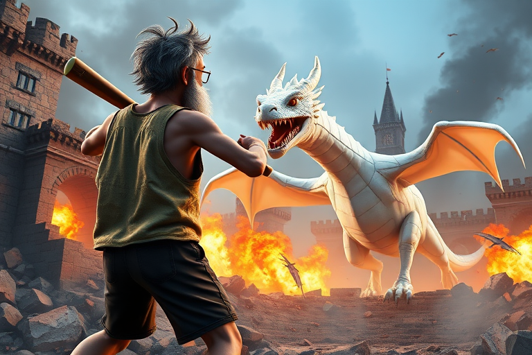 Cartoon 3D High-Resolution,dynamic battle scene using Unreal Engine 5 and Octane Render. The scene features back of an elderly, thai man with a beard,messy hair and round golden-rimmed glasses. He is wearing a tattered tank top with soot marks, shorts, and sandals. sweating. he wields a baseball bat. He jump to fight with a white fire-breathing Europe dragon amidst a partially destroyed stone castle. Include intense flames, smoke, and debris to enhance the dramatic effect.