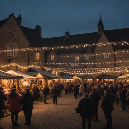 Picturesque village square adorned with fairy lights, people enjoying a community event, musicians playing live, and the smell of delicious food wafting through the air, creating a festive atmosphere.