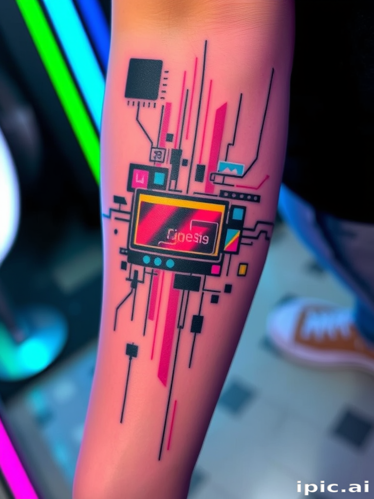 Glitch art tattoo titled "Digital Distortion" incorporating pixelated elements and fragmented imagery to create the illusion of a computer glitch on the skin, with neon colors and abstract patterns adding to the futuristic aesthetic