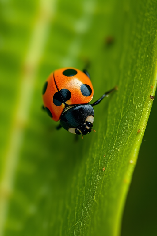 Close-up shot of a ladybug on a green leaf with sharp focus, using a macro lens, aperture set to f/5.6, shutter speed 1/200s, ISO 100, natural light, top-down view, DSLR camera.