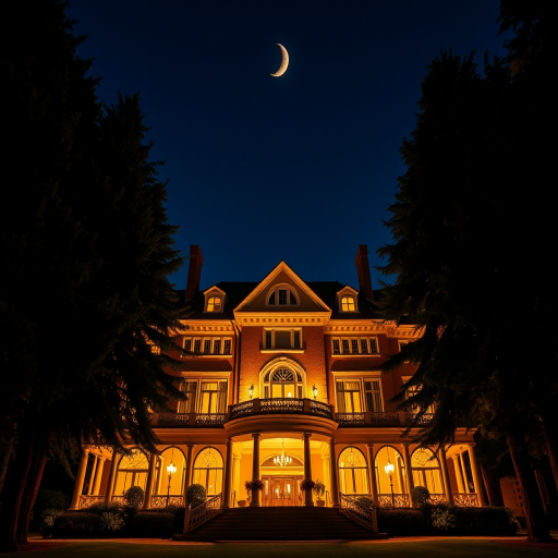 capture a grand mansion at night illuminated by warm lights under a crescent moon, surrounded by tall trees, using a DSLR camera with a 24mm lens, aperture f/2.8, ISO 400, 30-second exposure, low angle view for dramatic effect, nighttime shooting style for enhanced detail and contrast