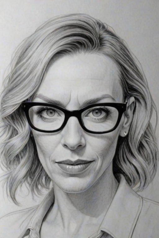 Stunning Toni Collette, pencil sketch, portrait of Elegant woman 1939s in glasses, hair style beatnik, outline, clear lines, fine lines, 8k