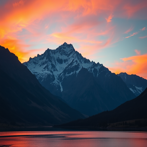 High-resolution image of a majestic mountain landscape during sunset, with vibrant colors in the sky and reflective lake in the foreground, captured with a Canon EOS R5, 24mm lens, f/8 aperture, ISO 100, 1/125 sec, wide-angle view for depth and clarity.