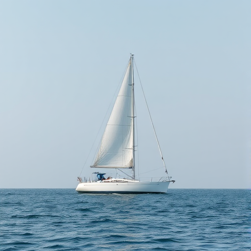 sailboat with a white sail in a calm sea, high-resolution, shot with a Canon EOS R5, aperture f/8, shutter speed 1/200s, ISO 100, natural lighting, wide-angle view