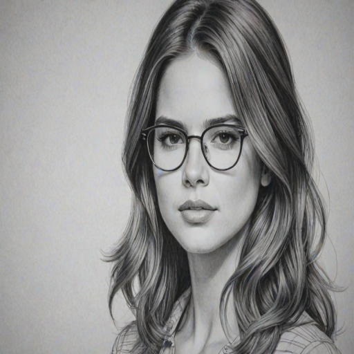 Resplendent Shelley Hennig, pencil sketch, portrait of Beauteous woman 1968s in glasses, hair style beatnik, outline, clear lines, fine lines, 8k