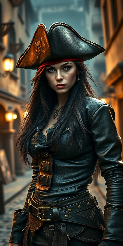 Create a portrait of a fierce female pirate. She wears a leather tricorn hat adorned with a skull and crossbones emblem, and her long, dark hair flows around her face. Her outfit consists of a richly detailed leather jacket, a corset, and multiple layers of belts and accessories, giving her a formidable and stylish appearance. She stands confidently in a dimly lit, historic port town, with a backdrop of weathered buildings and cobblestone streets, capturing the adventurous spirit of a pirate.