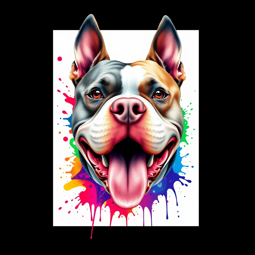 Create a hyper-detailed splash art of an American Bully dog's head on a clean white background. The design should include vibrant color splashes and drips in complementary colors, focusing on the tongue and eyes, expressive features and intricate contours. The dog's expression should be intense, almost roaring, and the overall composition should be different positions, feel fantastic and dynamic, as if a part of a digital fantasy artwork would be rendered in an 8k resolution, inspired by a mix of oil painting techniques and a stylized, epic Instagram aesthetic.