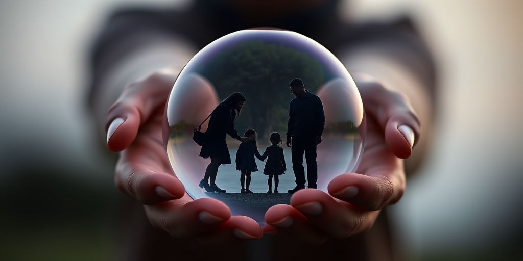 Create an image of a bubble held between two hands, featuring the silhouettes of a family inside; use a Canon EOS R5 camera, settings: ISO 100, f/2.8, 1/200s, with a shallow depth of field and soft focus background for enhanced detail and clarity.