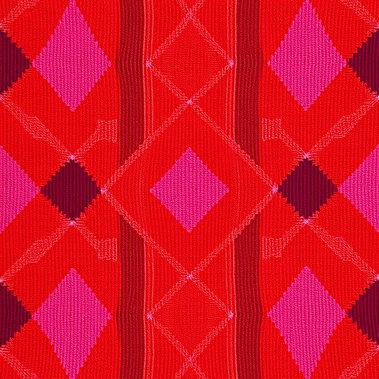 Create a vibrant argyle pattern featuring shades of red, brown, pink, and purple with a high-contrast background, captured with a Canon EOS R5, 50mm lens, f/2.8 aperture, 1/125s shutter speed, in soft natural lighting to enhance colors and detail.