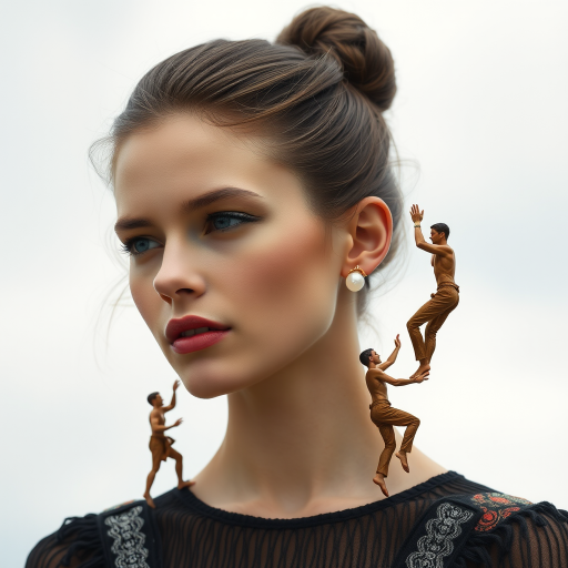 beautiful young lady with hair done up, and an exquisite pair of earings, made from mother of pearl, shimmering, and composed of different men in poses as he climbs up the long eariring