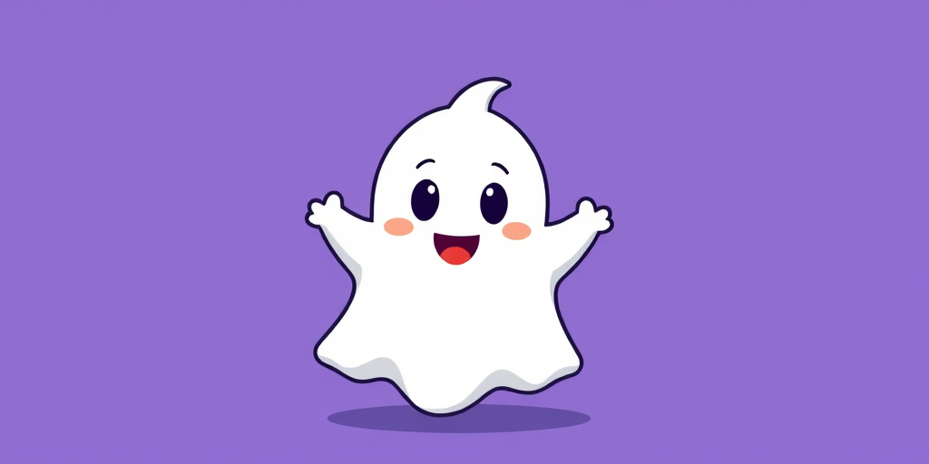 Generate a cute cartoon ghost character with a happy expression on a solid purple background, using a Canon EOS R5 camera, 50mm lens, f/1.8 aperture, ISO 100, and natural light for enhanced image quality.