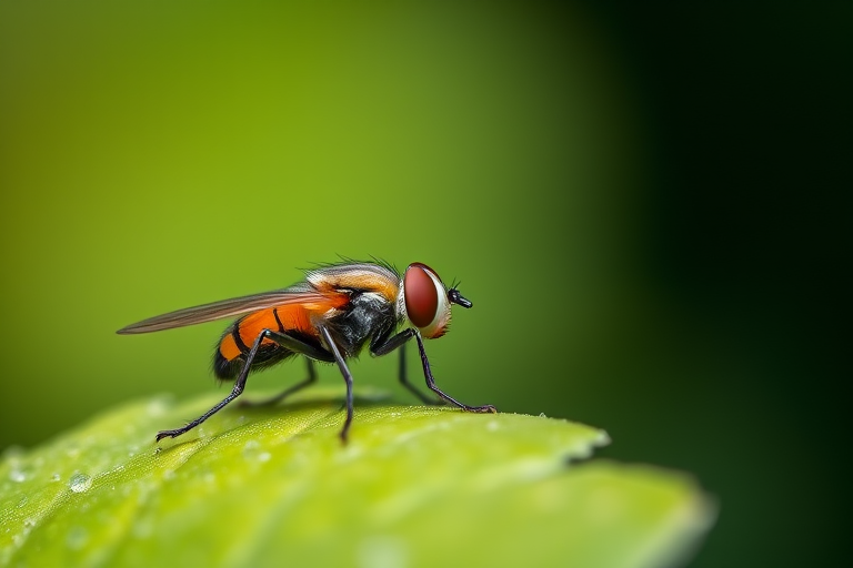 macro photograph of a fly resting on a green leaf with soft focus background, aperture f/2.8, shutter speed 1/200s, ISO 100, shot with a DSLR camera in natural light