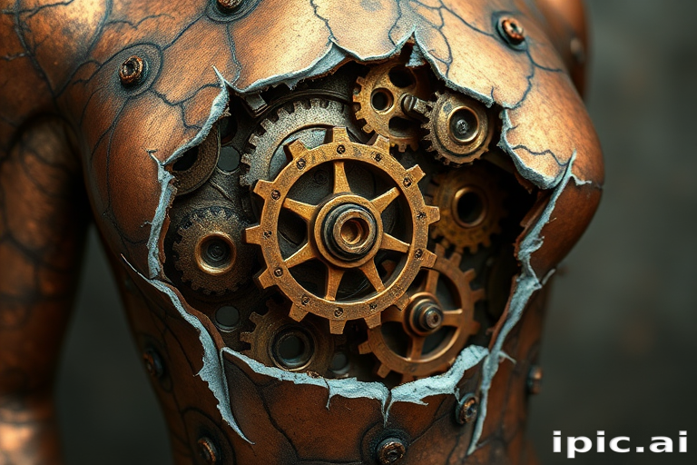 Steampunk-inspired biomechanical gears and cogs revealing inner workings beneath torn skin, metallic copper and bronze coloration