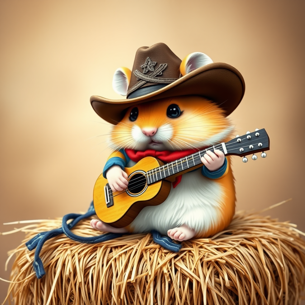A chibi hamster, dressed as a cowboy, playing guitar, sitting on a hay bale