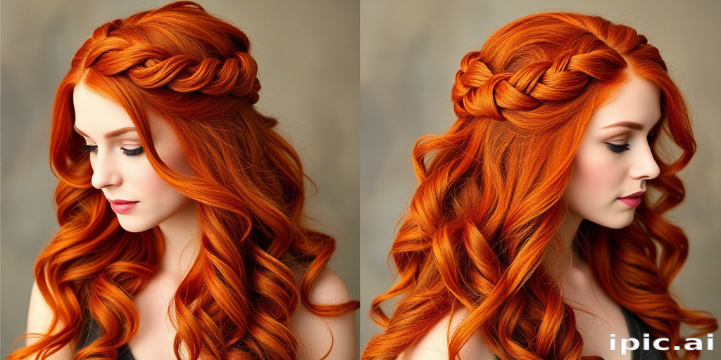 Fiery red mane styled in the "Phoenix Rising" half-up braided crown, long cascading curls reaching waist, bright copper highlights woven throughout, intricate fishtail braid circling head, loose tendrils framing face softly