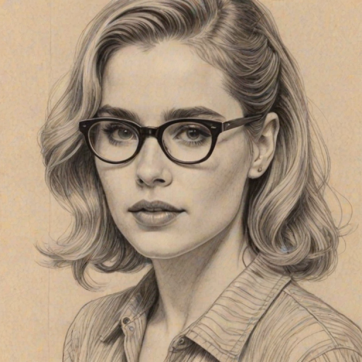 Enticing Alison Lohman, pencil sketch, portrait of Pleasing woman 1942s in glasses, hair style beatnik, outline, clear lines, fine lines, 8k