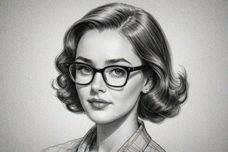 Graceful Elliot Page, pencil sketch, portrait of Attractive woman 1950s in glasses, hair style beatnik, outline, clear lines, fine lines, 8k